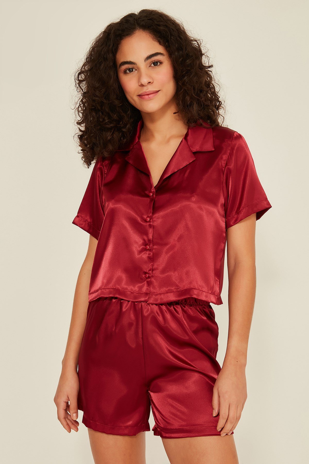 Women's Claret Red Satin Shorts Pajama Set