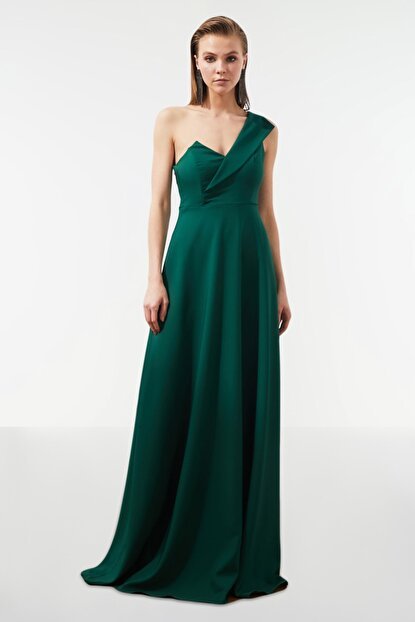 فستان سهرة أخضر زمردي بياقة مفصلة نسائي